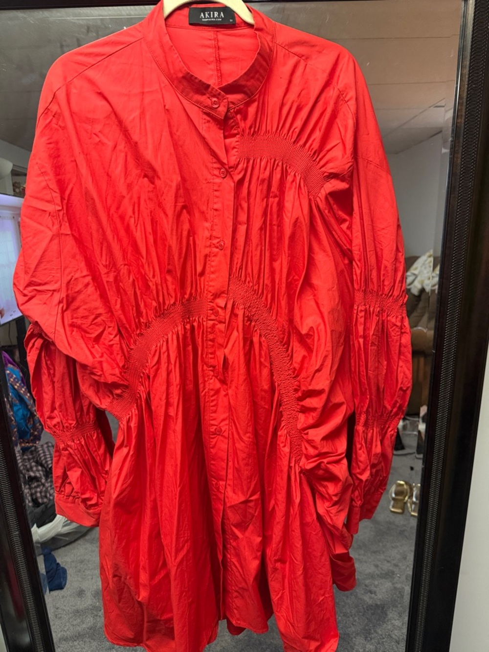 AKIRA Red Button-Front Smocked Waist Mini Dress